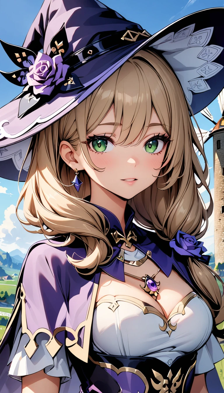 Beautiful girl, Perfect Face, Arms at your sides, masterpiece, Ultra-high resolution, high quality, 4K, Upper Body:1.5,  Lisa (Genshin Impact), urple witch hat, Green Eyes, Brown Hair,  bangs, dress, Rose, jewelry, witch, Capelet, Purple hat, Black gloves, Purple Flower, Hair between the eyes, purple Rose, Part your lips, purple Capelet, Hat Flower, multicolored dress, hair ornaments,  windmill, From the side,