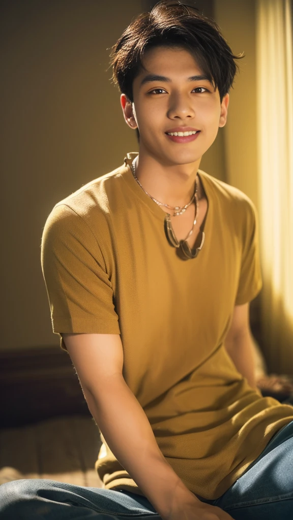 (RAW photo :1.2), (verisimilitude :1.4), casual male, posing at the screen with a smile, very detailed eyes and face, super detailed, high resolution, very detailed, best quality, masterpiece, 8k, amazing, fine detail, soft lighting