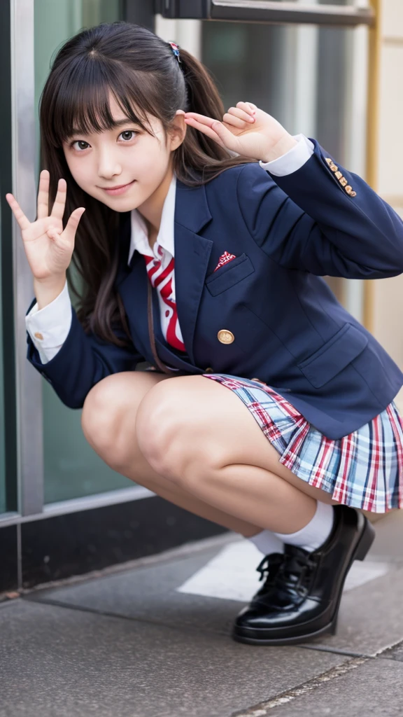 Japanese、18-year-old、high school girl、Navy blue blazer uniform、Red checkered mini skirt、Crouching and waving with both hands