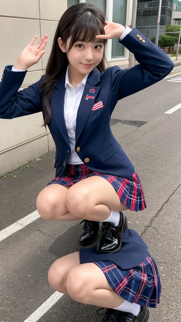 Japanese、18-year-old、high school girl、Navy blue blazer uniform、Red checkered mini skirt、Crouching and waving with both hands
