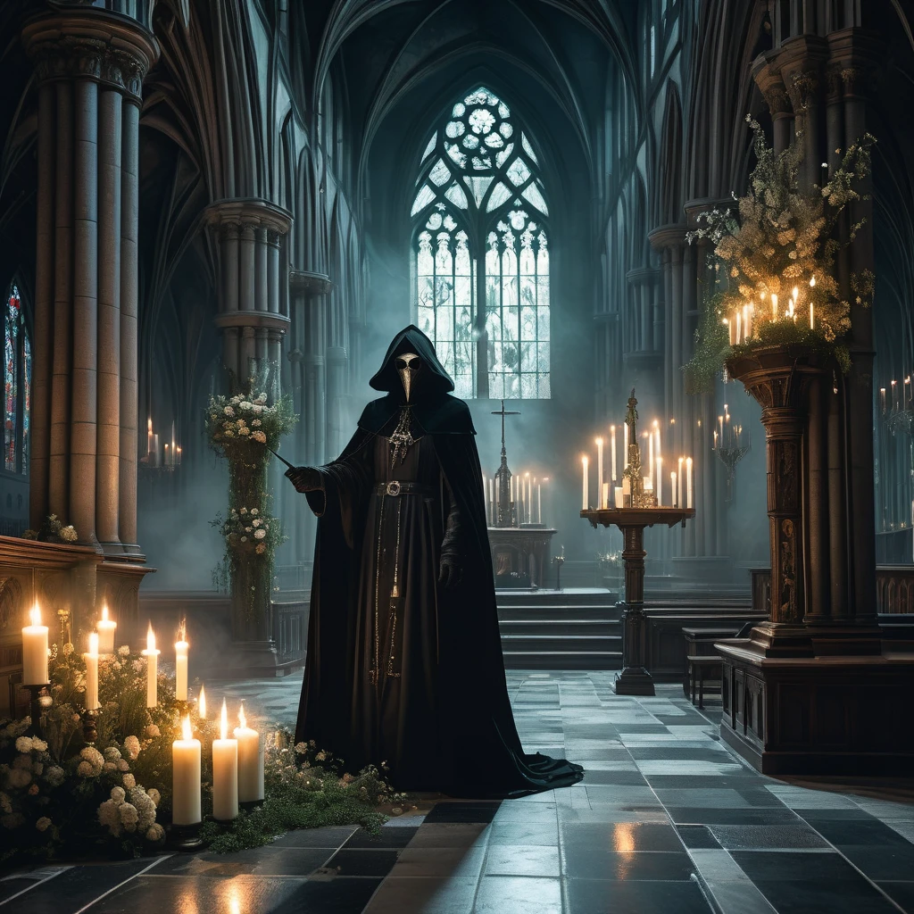 Imagine a medieval dark fantasy scene where a plague doctor stands alone amidst the haunting silence of an empty cathedral. Clad in a long, black robe that sweeps the stone floor, the doctor's attire is adorned with ominous bird-like mask, its beak elongated and filled with fragrant herbs to ward off the stench of sickness and death. The mask's glass lenses gleam faintly with an eerie, reflective light, casting unsettling shadows across the vaulted ceilings and towering stained glass windows depicting scenes of divine judgment and salvation.
Around the doctor, the cathedral's grandeur is juxtaposed with an air of desolation—pews draped with dusty cobwebs, candles burned down to their last embers, and an altar adorned with wilted flowers and faded tapestries. Sunlight filters through the ornate windows, casting ethereal beams that dance upon the doctor's gloved hands, where vials of potent elixirs and curative tinctures hang from a leather belt.
The air is thick with the scent of incense and decay, mingling with the doctor's soft footsteps as they move with purposeful strides across the cold, stone floor. Their presence evokes a sense of solemn duty and quiet resolve amidst the lingering shadows of sickness and despair. Capture the somber yet enigmatic essence of this plague doctor in the medieval dark fantasy world, where the boundaries between healing and mortality blur in the face of an insidious plague.