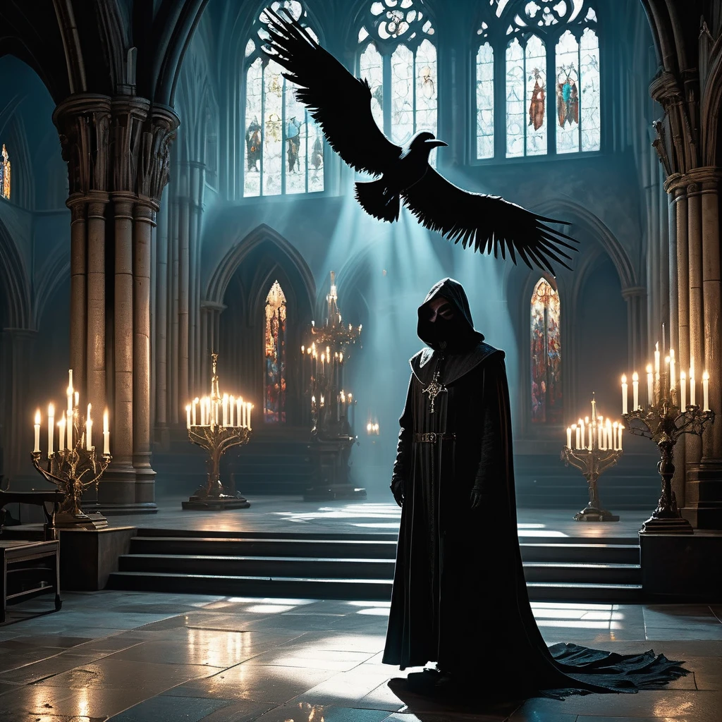 Imagine a medieval dark fantasy scene where a plague doctor stands alone amidst the haunting silence of an empty cathedral. Clad in a long, black robe that sweeps the stone floor, the doctor's attire is adorned with ominous bird-like mask, its beak elongated and filled with fragrant herbs to ward off the stench of sickness and death. The mask's glass lenses gleam faintly with an eerie, reflective light, casting unsettling shadows across the vaulted ceilings and towering stained glass windows depicting scenes of divine judgment and salvation.
Around the doctor, the cathedral's grandeur is juxtaposed with an air of desolation—pews draped with dusty cobwebs, candles burned down to their last embers, and an altar adorned with wilted flowers and faded tapestries. Sunlight filters through the ornate windows, casting ethereal beams that dance upon the doctor's gloved hands, where vials of potent elixirs and curative tinctures hang from a leather belt.
The air is thick with the scent of incense and decay, mingling with the doctor's soft footsteps as they move with purposeful strides across the cold, stone floor. Their presence evokes a sense of solemn duty and quiet resolve amidst the lingering shadows of sickness and despair. Capture the somber yet enigmatic essence of this plague doctor in the medieval dark fantasy world, where the boundaries between healing and mortality blur in the face of an insidious plague.