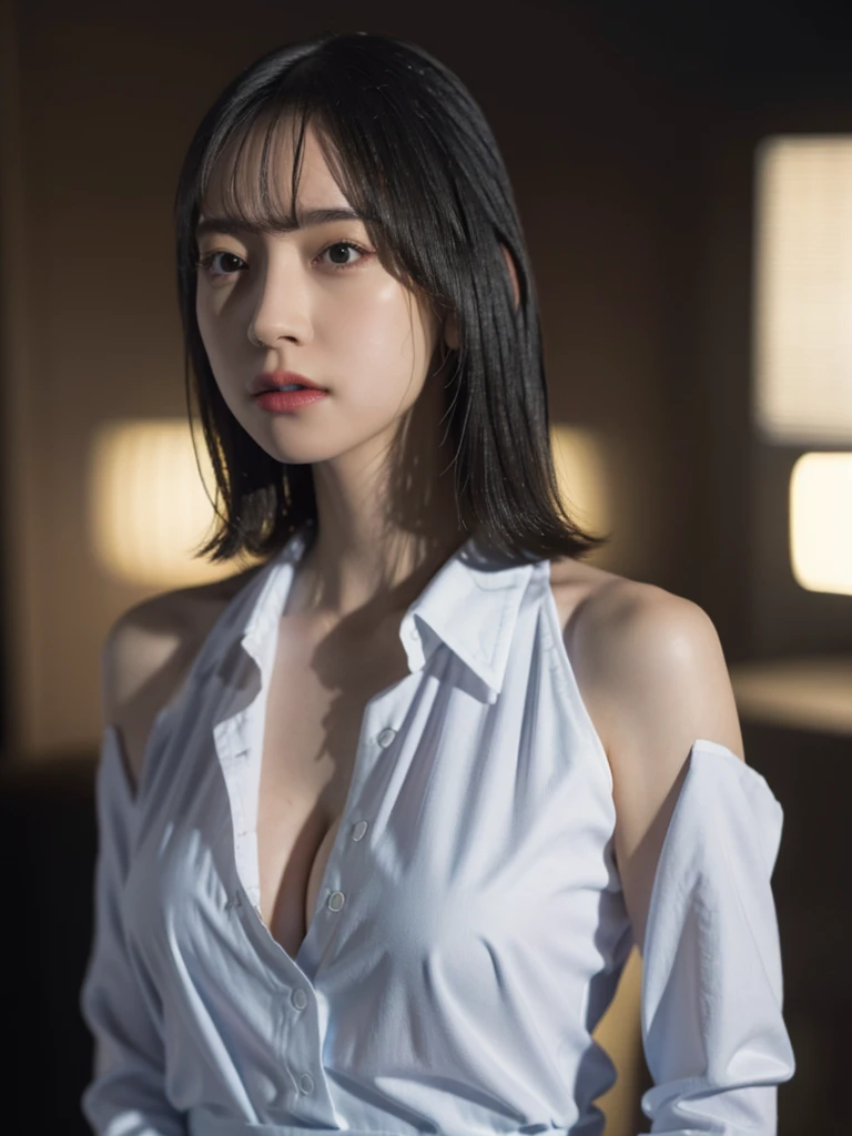 1girl, woman, masterpiece, best quality, highest quality, cinematic lighting, (volumetric lighting), extremely detailed CG unity 8k wallpaper, focused, 8k wallpaper, extremely detailed, ultra realistic, photorealistic, sharp focus, absurdres, (HDR:1.2), (high contrast), photograph, detailed and intricate, instagram, portrait, highly detailed, digital painting, artstation, concept art, smooth, sharp focus, illustration, cinematic lighting, natural big breast, (whole body:1.2), white collar shirt, open shoulder, open shirt, unbotton