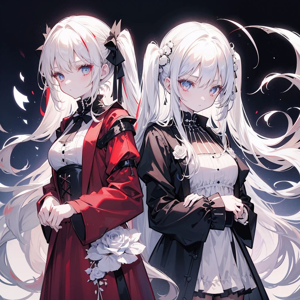 Two girls, red eyes and beige hair, blue eyes and white hair, twin tails, long hair, monochrome gothic fashion, white roses, white background,