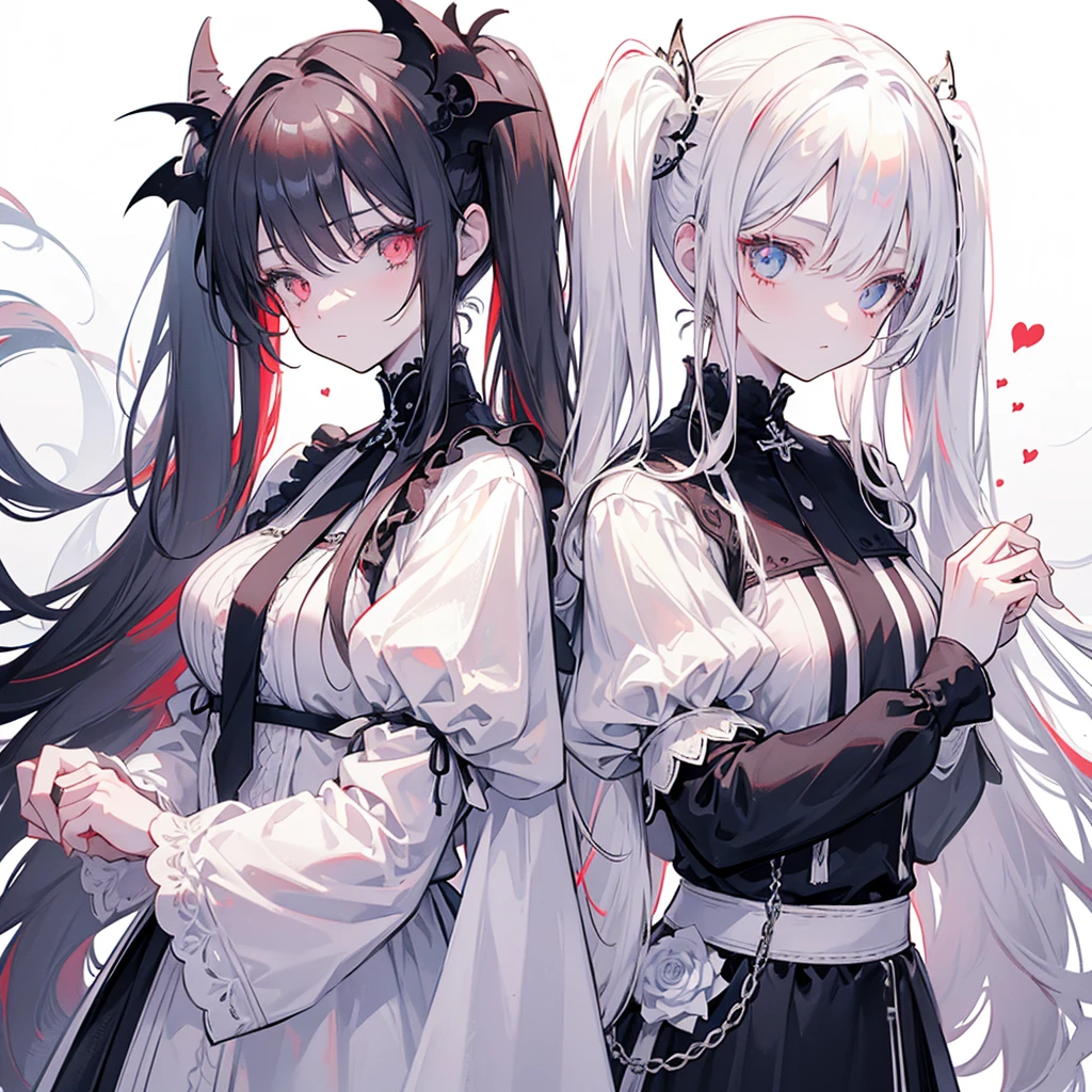 Two girls, red eyes and beige hair, blue eyes and white hair, twin tails, long hair, monochrome gothic fashion, white roses, white background,