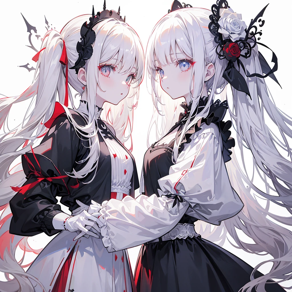 Two girls, red eyes and beige hair, blue eyes and white hair, twin tails, long hair, monochrome gothic fashion, white roses, white background,