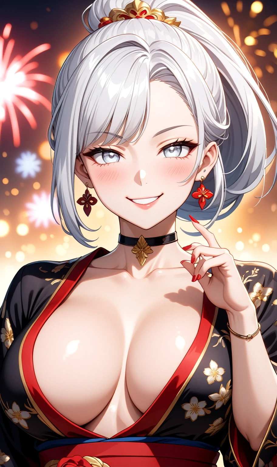 ((One personの女性)), Beautiful Face, ((smirk)), (head tilt), ((Wink:1.7)), Laugh with your mouth wide open,((Bright red cheeks:1.4)),Shiny red lips,night,coastal,You can see the ocean, firework,Laughing with your mouth open,Glossy pink lips,Facial lighting,((Anime style background)),masterpiece, Highest quality, so beautiful,up to date, Complex details, (Pink long nails), (4fingers and 1thumbs), (ring),(bracelet),(choker),AI-generated, Complex,High resolution, Highest quality, super high quality,3D Images、3D Images,One person,Long white hair,High Ponytail,(blue eyes),Anime woman posing for a photo, ((Fine grain、Silvery white colorful eyes、Shining Eyes:1.3)),(Squint your eyes:1.1),a hyperRealistic , hyperRealistic , Realistic,Anime woman with long white hair, Smooth anime CG art, A woman in a colorful kimono with gold embroidery, (Black long sleeve kimono),Red floral pattern,Long flower hair ornament,Earrings,Mature Body,(Big Breasts:1.1),Tall,Abdominal muscles,Narrow waist,(Zoom up to face:1.6),(front view),