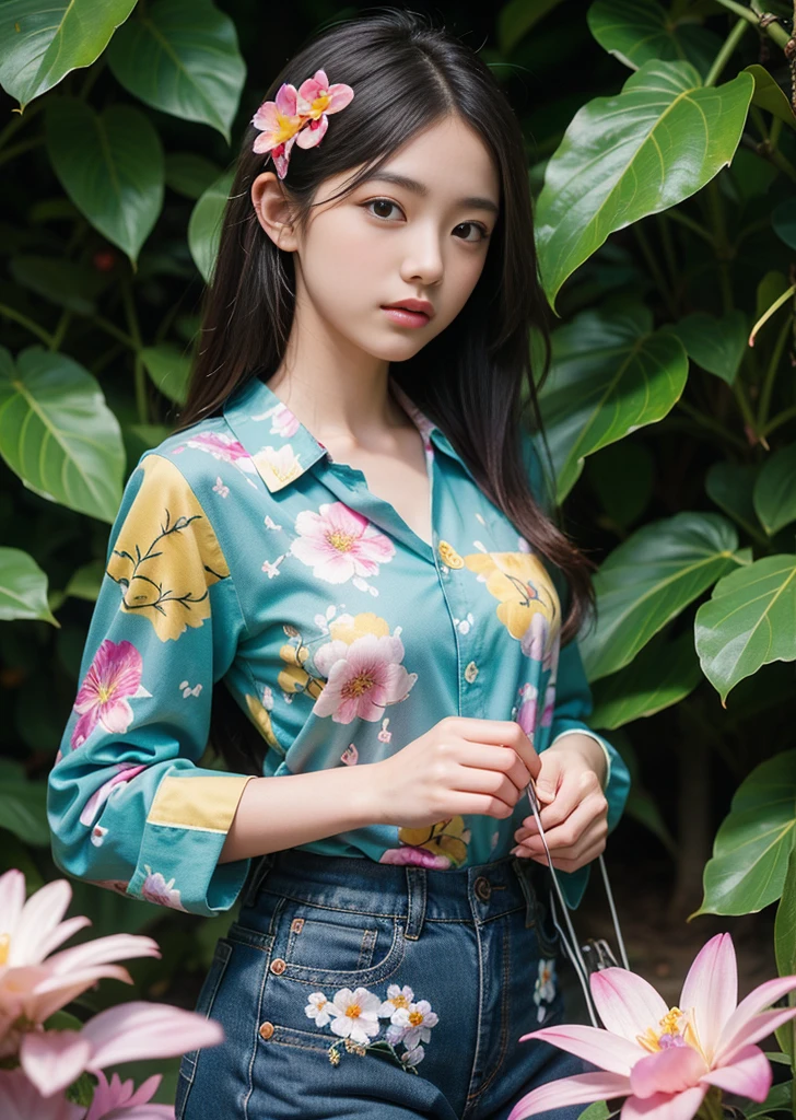 (masterpiece, Highest quality, Highest quality, Official Art, beautifully、beautiful:1.2), (1 Girl), Very detailed,(Fractal Art:1.3),Colorful Aloha Shirt、Most detailed, Background with fractals and details of various flowers and tropical flowers and butterflies、