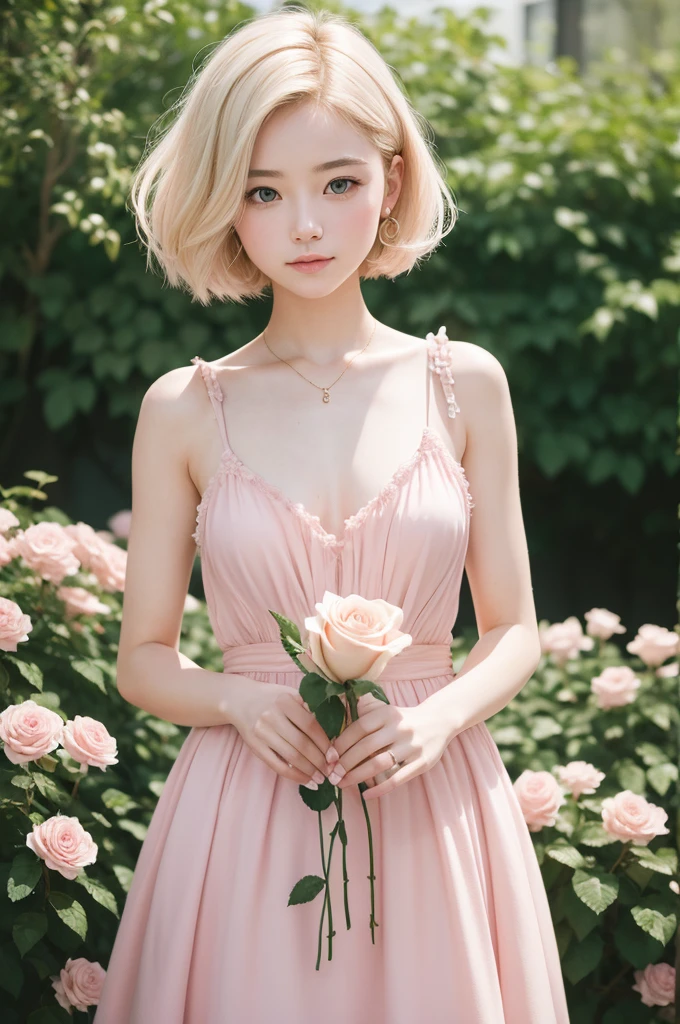 8K, CRU photo, Fujifilm, style photo of a beautiful young woman like Avril in a light pink rose garden (highly detailed skin: 1.2) Style-Petal BREAK short hair, blonde hair with colored highlights, wearing a dress, film grain, 35mm, cute style