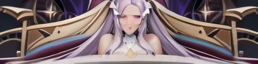 score_9, score_8_up, score_7_up, score_6_up, uncensored, quinella, absurdly long hair, purple eyes, long hair, parted bangs, purple hair, very long hair, hair ornament, horny face, blush face, lips, naughty face, sweating, steaming body, curvy, voluptuous, 1girl, sitting, solo, jewelry, earrings, throne, dress, full_body, bare_shoulders, looking_at_viewer, crown, breasts, white_dress, simple_background, glowing eyes,