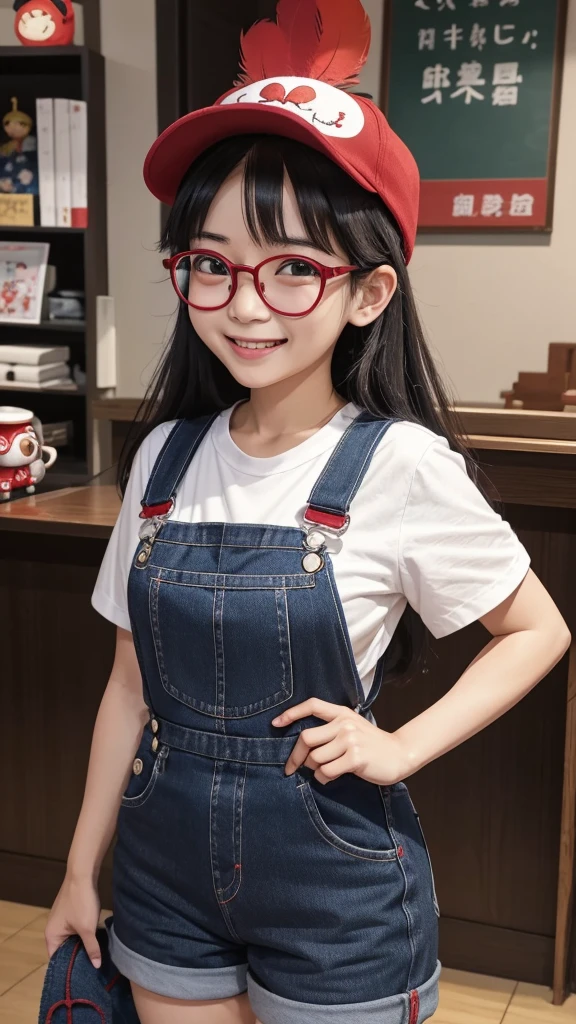 Dr. Slump Arale-chan、、Large black-rimmed glasses、The red hat has small feathers on either side.、Blue Overalls、Wearing a white shirt。She is greeting with a cheerful smile and her right hand raised.。In the background you can see Dr. Yamabuki's house in Penguin Village.。There is a garden in front of the house、The sky was clear and、The sunshine is warm。