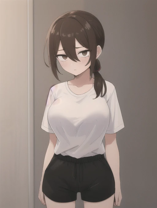 (masterpiece, high quality:1.4), break,
One girl, , alone, (Large Breasts:1.2),(Medium Hair:1.2), (Low Ponytail:1.25), Brown Hair, Hair between the eyes, Tight waist, Brown eyes, break,
White T-shirt,Black shorts、The whole body is visible