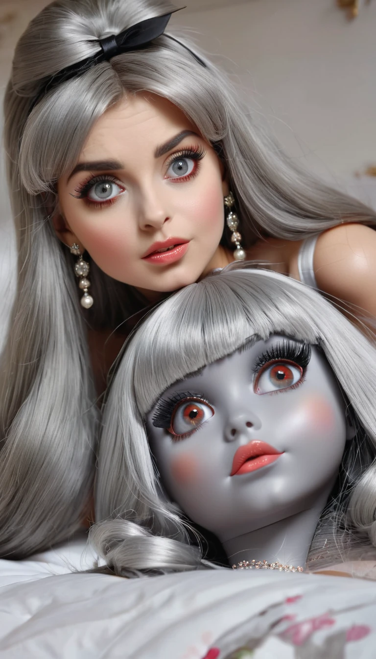 (realistic oil painting style:0.9), masterpiece, best quality, absurdist, 2 girls, looking at viewer, one, (grey bebedoll:1.5), bronya zaychik, red pupils, large breasts, long hair, grey hair, bangs, grey eyes, earrings, drilling hair, hair accessory, (doll:1.3), peering through, bed, expressionless