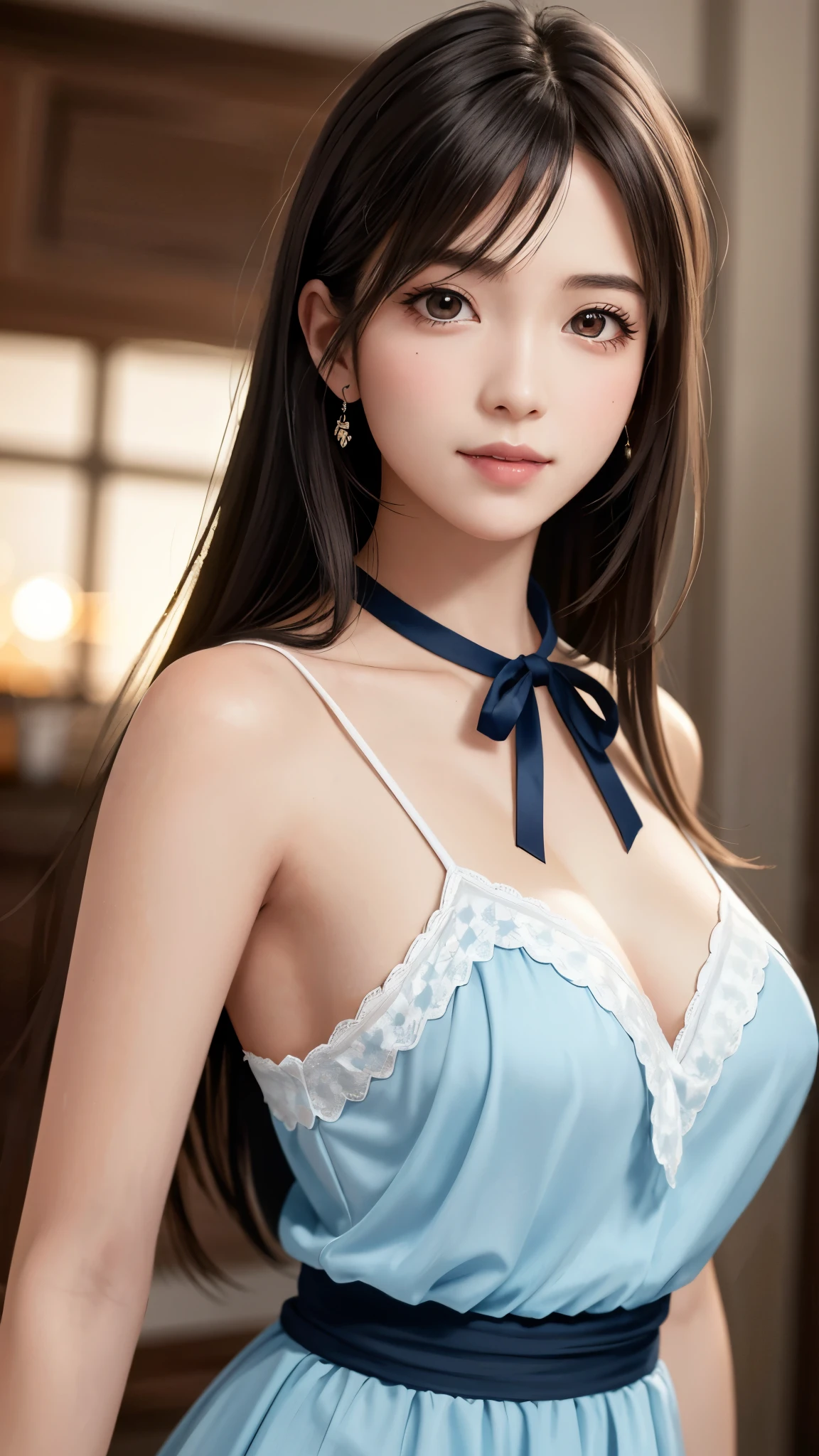 rinoa, blue duster, blue wristbands, holding necklace, portrait body, unparalleled masterpiece, ultra realistic 8k CG, perfect artwork, clean, beautiful face, pure face, pale skin, intricate detail, prestige, gorgeous, luxury, fancy ballroom, hound