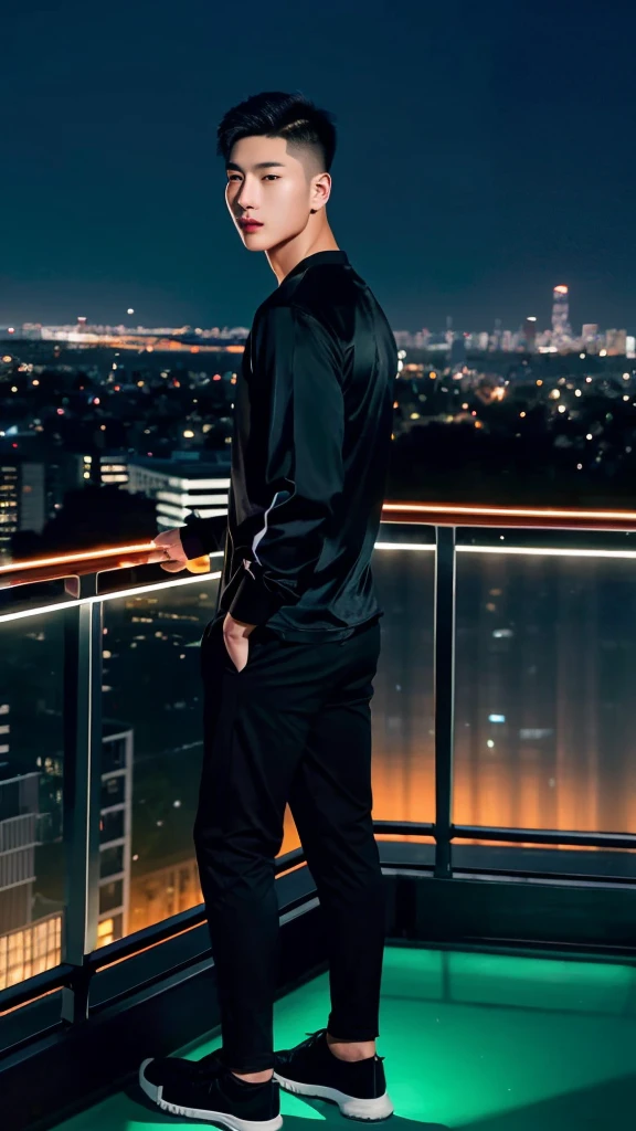 PhotoRealistic A handsome strong and
athletic korean young man, crew aka buzz cut hair style, stands confidently on a balcony overlooking a vibrant cityscape at night. He is dressed in a dark shirt and light pants, holding his hands casually by his sides. The balcony features a glass railing, providing an unobstructed view of the urban lights below. Two lanterns add a touch of warmth to the cool evening air.