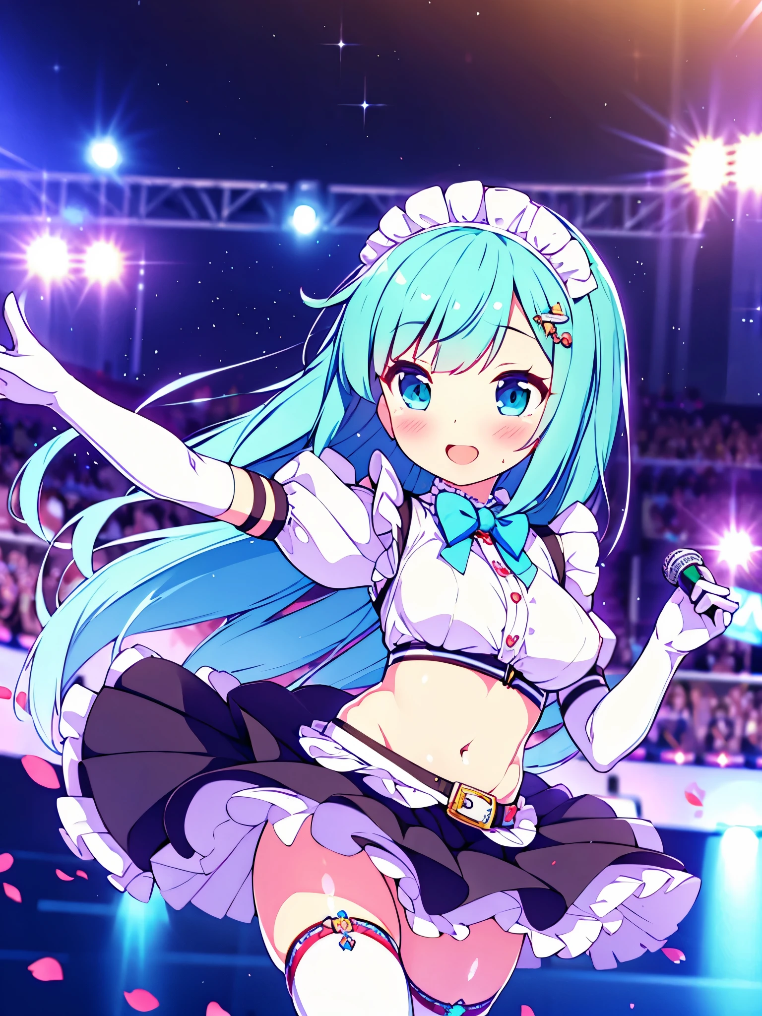 MLTD bg style, (best quality, 8K, masterpiece, HDR, ultra detailed:1.2), cinematic angle, (light particles, sparkle), lens flare, depth of field, bokeh,
1girl, white gloves, open mouth, microphone, short puffy sleeves, glowstick, smile, petals, maid headdress, frills, blush, solo, stage, white thighhighs, belt, hair bow, hair ribbon, medium breasts, idol, upper teeth only, looking away, aqua bow, frilled skirt, hair ornament, frilled dress, audience, solo focus, concert, zettai ryouiki, spotlight, stage lights, shiny hair, looking afar, buckle, belt buckle, elbow gloves, wing collar, jewelry, petticoat, navel, NSFW