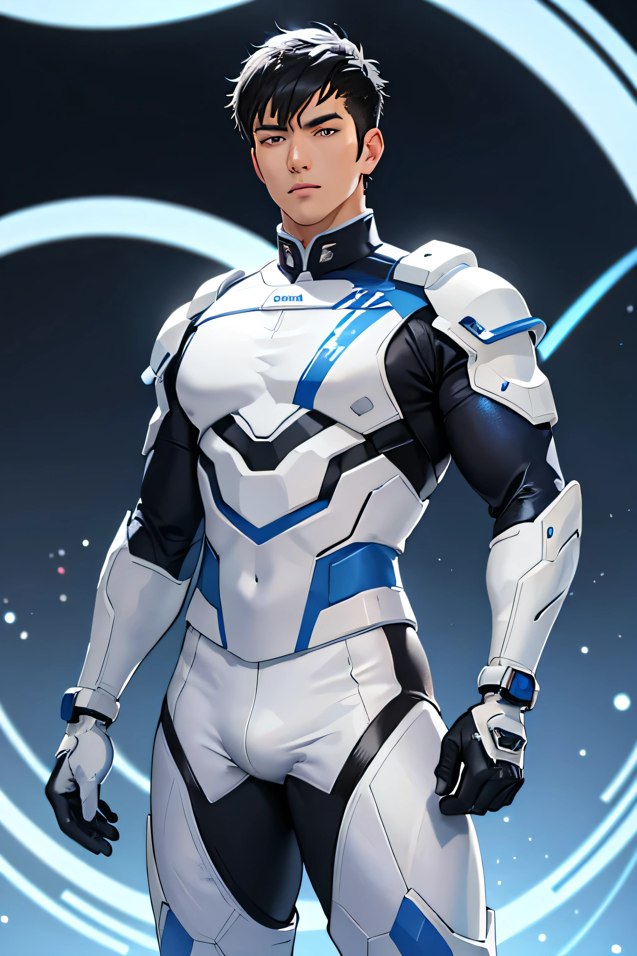 handsome man　Japanese adults　fierce　Cyborg　　future　universe　science fiction　The background is the galaxy universe　white and blue armor　The white rubber suit is very tight.　glove　Looking at the camera　　Wear a white helmet.　Wear a white helmet.　Standing position　Looking up from my feet　Embossed　black hairสั้นมาก　black hair　