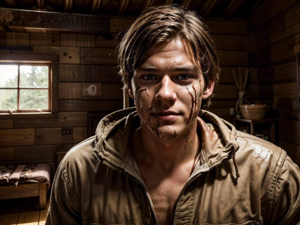 a young adult white male, face covered in chocolate from pie hitting face, inside a rustic wooden cabin, fun and playful atmosphere, prank war, high quality, detailed, photorealistic, vivid colors, studio lighting, dramatic lighting, dramatic shadows, hyperrealistic, 8k, detailed eyes, detailed face