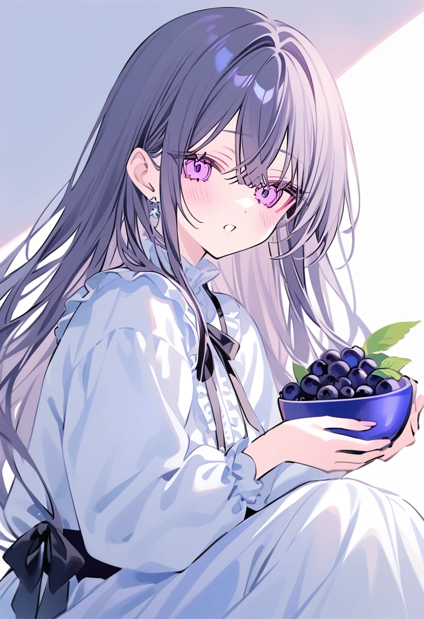 rurudo, 1girl,  solo,  Blueberry girl, Hold blueberry bowl