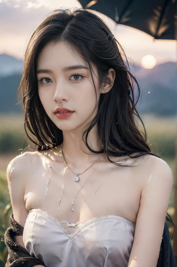 (((best quality))),(((ultra detailed))),(((masterpiece))),illustration,((1 beautiful girl,solo)),((slim,thin,flat chest)),(shoulder length straight bob hair:1.2),flowing hair,fair skin,(shiny skin:1.3),detailed eyes,laughing,(strapless bra:1.3),delicate necklace,grass,dewdropletts,trees,bird chirping,serenity,gratitude,awe,wonders of nature,peace,contentment,magnificent world,summer,(pitch-dark dawn:1.5),(night scene:1.3),((from front)),after rain,(wet:1.3),standing,on the path,At the mountaintop,confident gaze,elegant posture,mysterious atmosphere,solemn mood,dawn approaching,detailed decorations,(sunrise:1.3),(cloudy sky:1.2),rainbow,(Rural Landscape:1.2),horizon,(close-up of face:1.3)