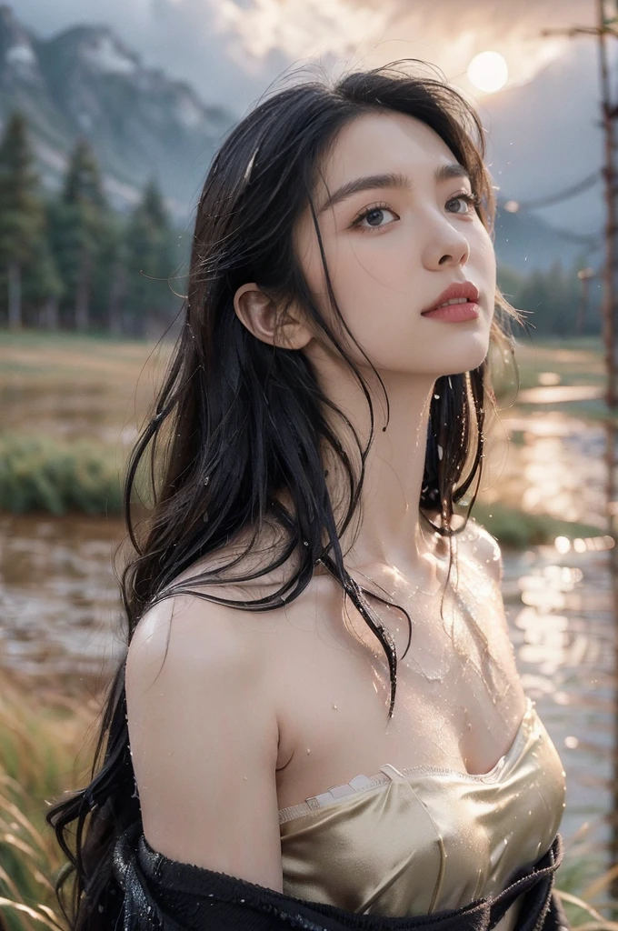 (((best quality))),(((ultra detailed))),(((masterpiece))),illustration,((1 beautiful girl,solo)),((slim,thin,flat chest)),(shoulder length straight bob hair:1.2),flowing hair,fair skin,(shiny skin:1.3),detailed eyes,laughing,(strapless bra:1.3),delicate necklace,grass,dewdropletts,trees,bird chirping,serenity,gratitude,awe,wonders of nature,peace,contentment,magnificent world,summer,(pitch-dark dawn:1.5),(night scene:1.3),((from front)),after rain,(wet:1.3),standing,on the path,At the mountaintop,confident gaze,elegant posture,mysterious atmosphere,solemn mood,dawn approaching,detailed decorations,(sunrise:1.3),(cloudy sky:1.2),rainbow,(Rural Landscape:1.2),horizon,(close-up of face:1.3)