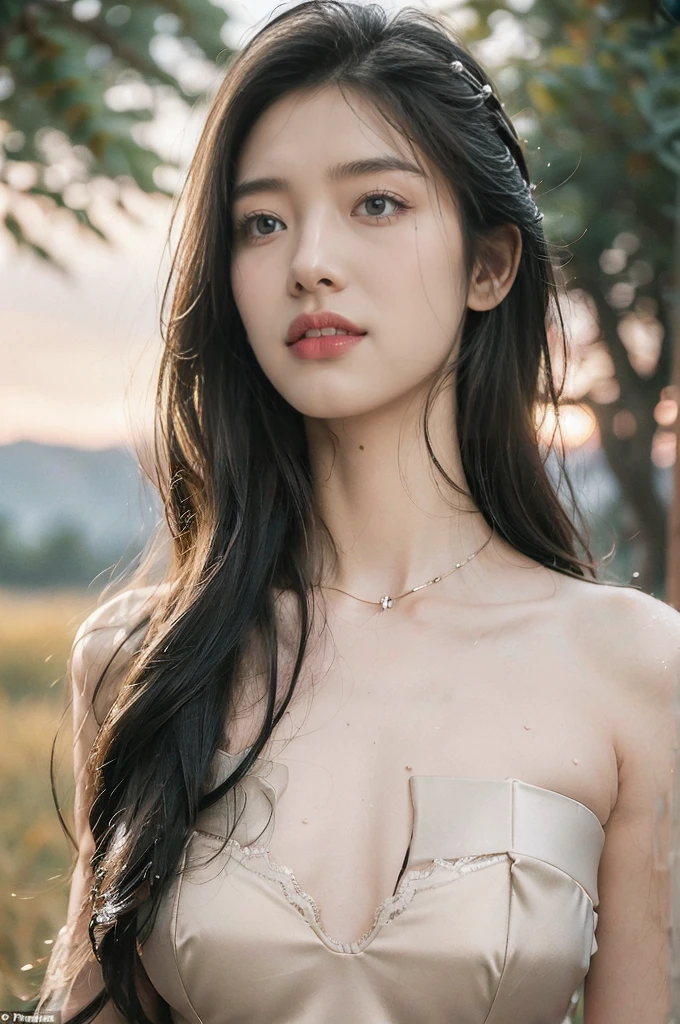 (((best quality))),(((ultra detailed))),(((masterpiece))),illustration,((1 beautiful girl,solo)),((slim,thin,flat chest)),(shoulder length straight bob hair:1.2),flowing hair,fair skin,(shiny skin:1.3),detailed eyes,laughing,(strapless bra:1.3),delicate necklace,grass,dewdropletts,trees,bird chirping,serenity,gratitude,awe,wonders of nature,peace,contentment,magnificent world,summer,(pitch-dark dawn:1.5),(night scene:1.3),((from front)),after rain,(wet:1.3),standing,on the path,At the mountaintop,confident gaze,elegant posture,mysterious atmosphere,solemn mood,dawn approaching,detailed decorations,(sunrise:1.3),(cloudy sky:1.2),rainbow,(Rural Landscape:1.2),horizon,(close-up of face:1.3)