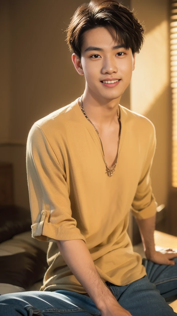 (RAW photo :1.2), (verisimilitude :1.4), casual male, posing at the screen with a smile, very detailed eyes and face, super detailed, high resolution, very detailed, best quality, masterpiece, 8k, amazing, fine detail, soft lighting