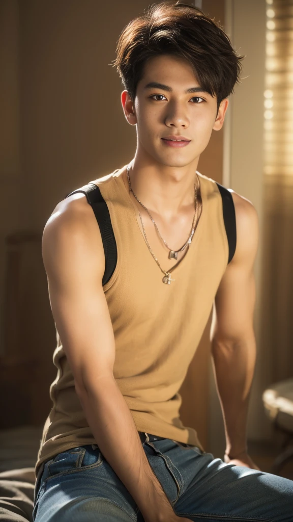 (RAW photo :1.2), (verisimilitude :1.4), casual male, posing at the screen with a smile, very detailed eyes and face, super detailed, high resolution, very detailed, best quality, masterpiece, 8k, amazing, fine detail, soft lighting