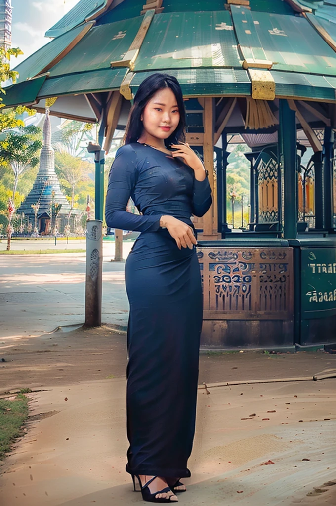 arafed asian woman in a green satin dress standing in front of a crowd, (((full body view:2))), ((pretty lady MoonLay:1.2)), (1 pretty lady MoonLay), ((((pretty lady MoonLay's innocent cute face and cute small smile:1.3)))), (random other girls), ((wearing Myanmar traditional elegant and stylish affair:1.2)), ((gray top and black bottom satin dress color:1.2)), blue stiletto high heel, south east asian with square face, traditional beauty, beautiful asian girl, anime thai girl, a young beautiful asian woman, ((in a park with Thailand pagoda at far background:1.5)), cinematic enhance HDR portrait lighting, perfect anatomy, cannon mark v, DSLR quality.