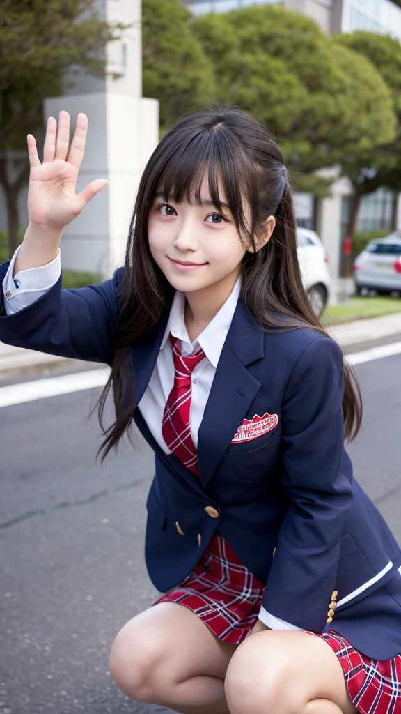 Japanese、18-year-old、high school girl、Navy blue blazer uniform、Red checkered mini skirt、Crouching down and waving with both hands, there are five fingers clearly visible