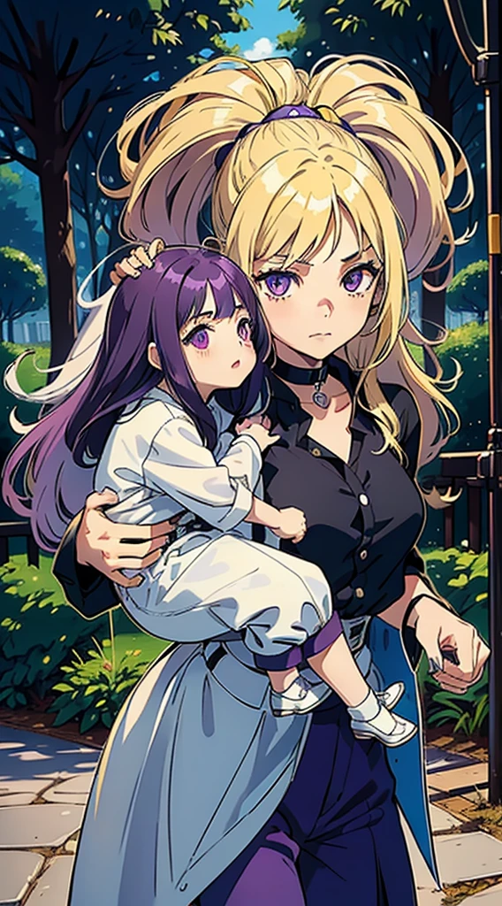 17 year old girl with long dark purple hair bright purple eyes wearing a black top and white pants carrying in her arms a small 5 year old girl with blonde hair and bright golden eyes wearing a blue dress they are in a park
