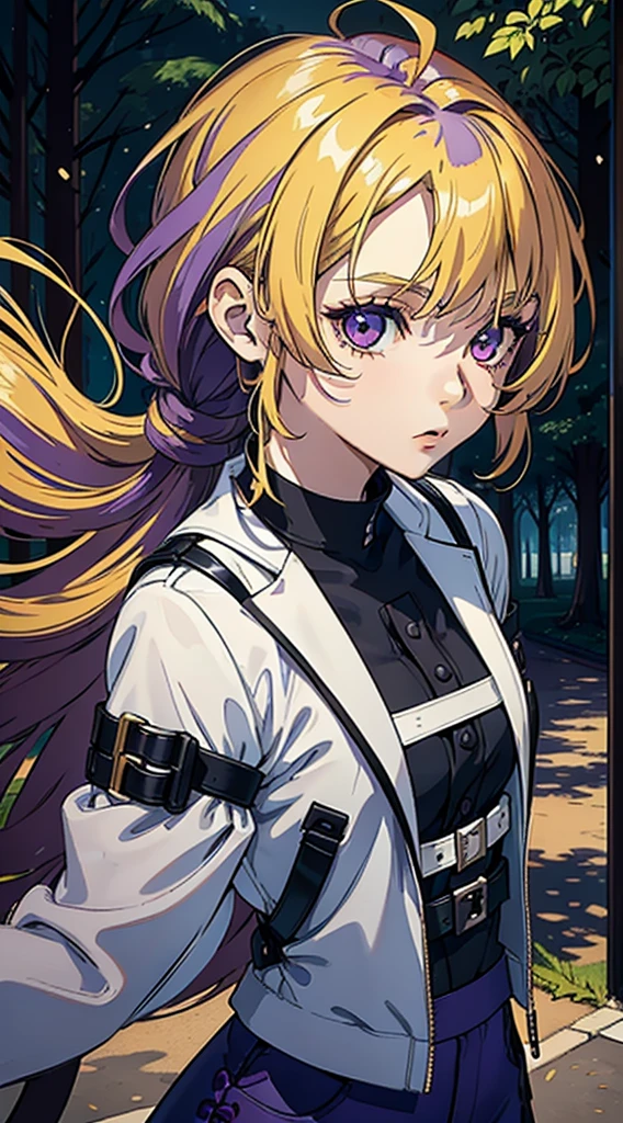 17 year old girl with long dark purple hair bright purple eyes wearing a black top and white pants carrying in her arms a small 5 year old girl with blonde hair and bright golden eyes wearing a blue dress they are in a park