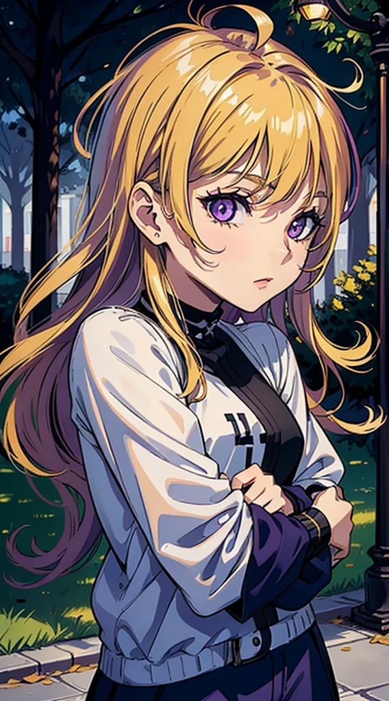 17 year old girl with long dark purple hair bright purple eyes wearing a black top and white pants carrying in her arms a small 5 year old girl with blonde hair and bright golden eyes wearing a blue dress they are in a park