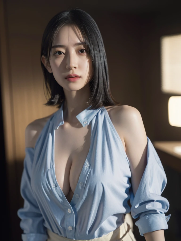 1girl, woman, masterpiece, best quality, highest quality, cinematic lighting, (volumetric lighting), extremely detailed CG unity 8k wallpaper, focused, 8k wallpaper, extremely detailed, ultra realistic, photorealistic, sharp focus, absurdres, (HDR:1.2), (high contrast), photograph, detailed and intricate, instagram, portrait, highly detailed, digital painting, artstation, concept art, smooth, sharp focus, illustration, cinematic lighting, natural big breast, (whole body:1.2), white collar shirt, open shoulder, open shirt, unbotton, no cloth in hands.