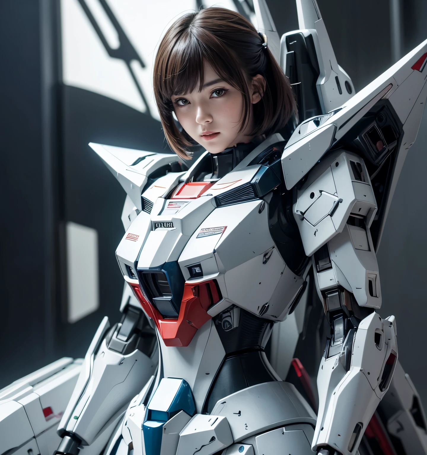 Textured skin, Super Detail, high details, High quality, Best Quality, hight resolution, 1080p, hard disk, Beautiful,(Gundam),beautiful cyborg woman,Mecha Cyborg Girl,Battle Mode,Girl with a Mecha Body,She wears a futuristic Gundam mecha,Fulll body Shot