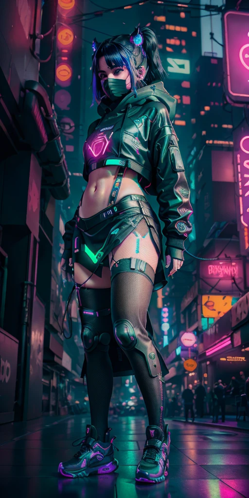 (master part, full body shot shot, intricate raw photography) cyberpunk teen girl, Comfortable Oversize Black Hood, black short skirt, details of neon lights on dark clothes,green haired, neon light details, intrikate, futuristic, sharpness, random sensual position, city cyberpunk, street neon lights, natta, insta photo, photo of the year, octan render, substance, Maya 3D |, cinema4d, trend artstation,  Deviant Art Trends,