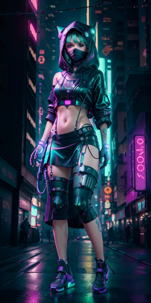 (master part, full body shot shot, intricate raw photography) cyberpunk teen girl, Comfortable Oversize Black Hood, black short skirt, details of neon lights on dark clothes,green haired, neon light details, intrikate, futuristic, sharpness, random sensual position, city cyberpunk, street neon lights, natta, insta photo, photo of the year, octan render, substance, Maya 3D |, cinema4d, trend artstation,  Deviant Art Trends,