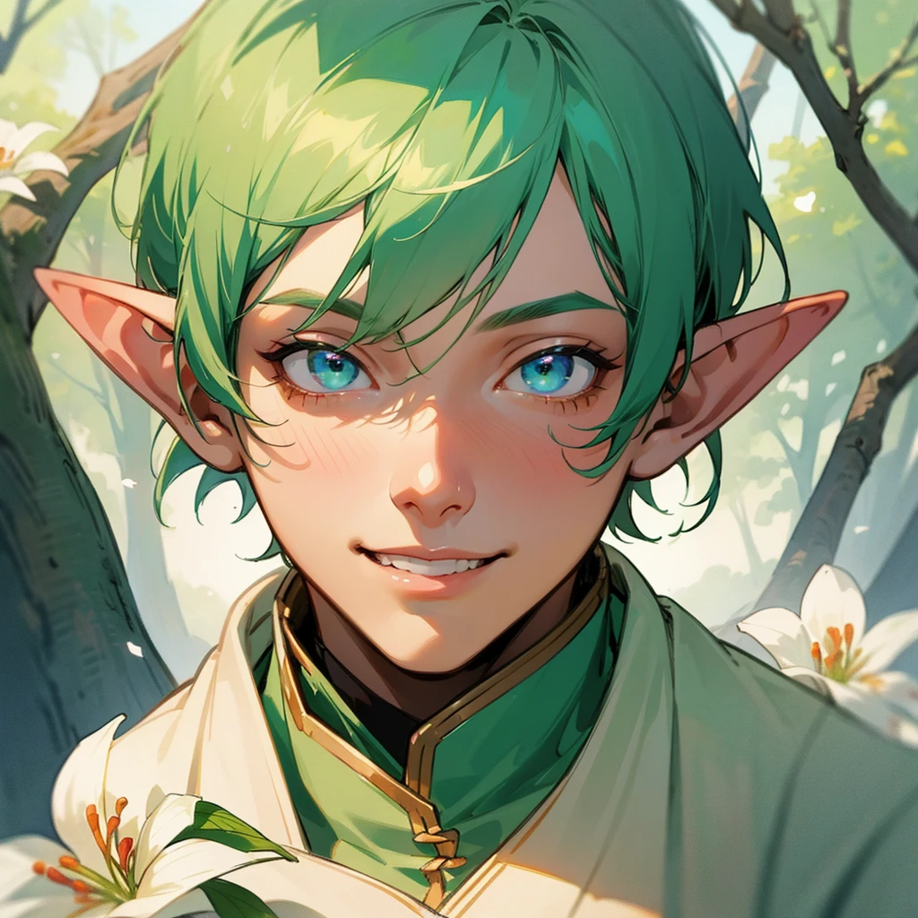 watercolor, pastel colors, a guy, a male, an elf, detailed head portrait, close up pictures, face staring into the viewers, handsome, happy, smiling, short green hair, detailed beautiful eyes, detailed beautiful lips, head straight staring into the viewer, shirtless, standing in the middle of a forest, soft lighting, peaceful ambiance, surrounded by a variety of colorful flowers
