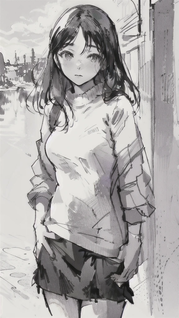 One Girl,Line art,Monochrome,sketch,Pencil drawing,Traditional Media,One Girl, skirt,Cute Teenage Girls, ,Beautiful portrait、Delicate body、Black Hair、Black Hair,landscape