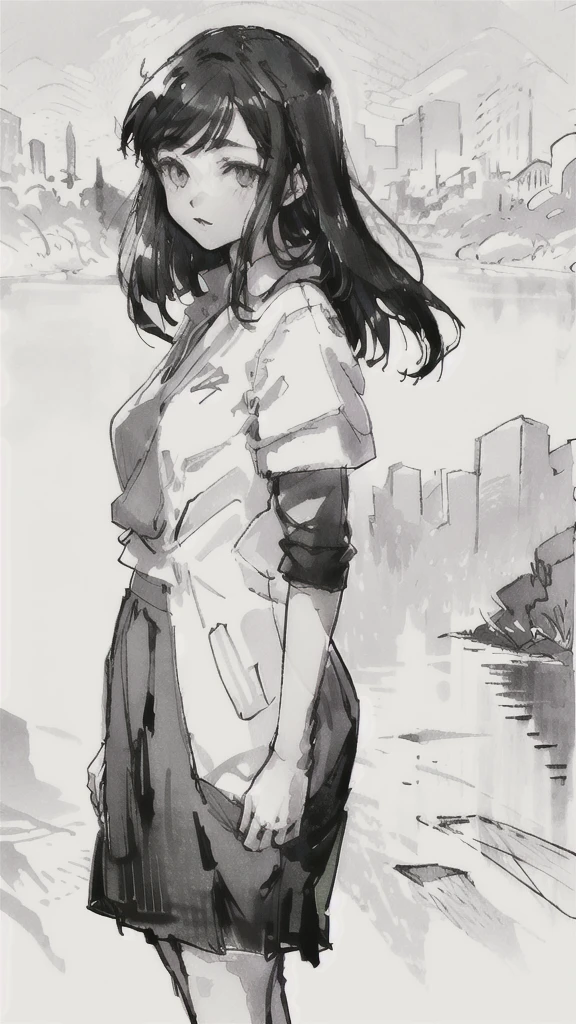 One Girl,Line art,Monochrome,sketch,Pencil drawing,Traditional Media,One Girl, skirt,Cute Teenage Girls, ,Beautiful portrait、Delicate body、Black Hair、Black Hair,landscape