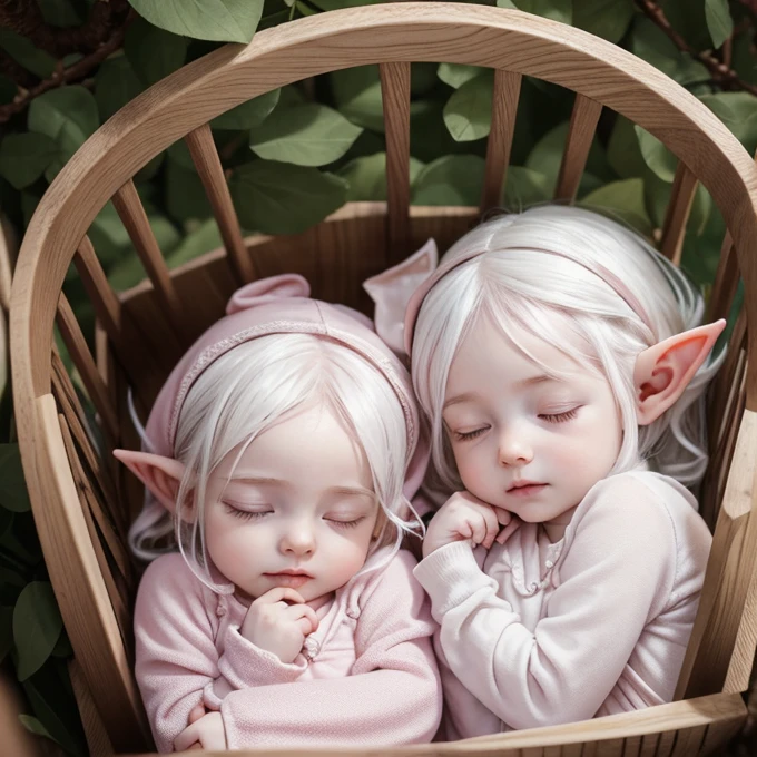 Two sleeping  elves: identical twin girls with white hair, pointy ears, and pale skin, wearing light pink onesies while lying in a wooden crib in an elvish Woodland palace