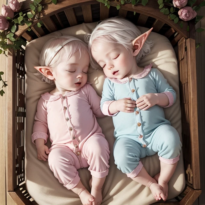 Two sleeping baby elves: identical twin girls with white hair, pointy ears, and pale skin, wearing light pink onesies while lying in a wooden crib in an elvish Woodland palace