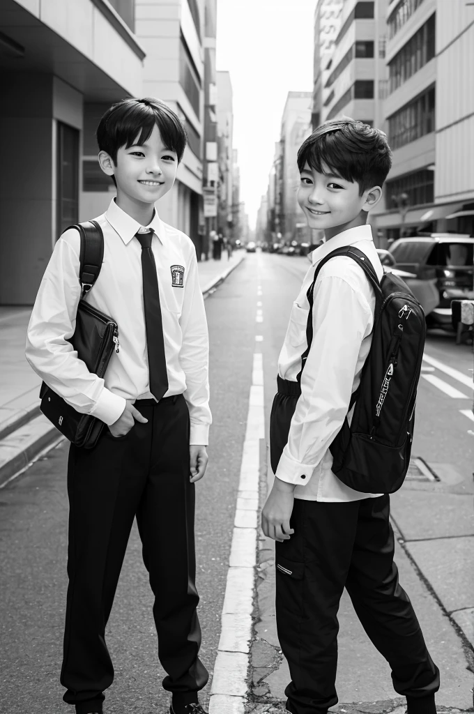 masterpiece, Highest quality, Two Boys, uniform, smile, School Bags, Black-haired, Iris, cyber punk, Street, Monochrome, Line art、ice