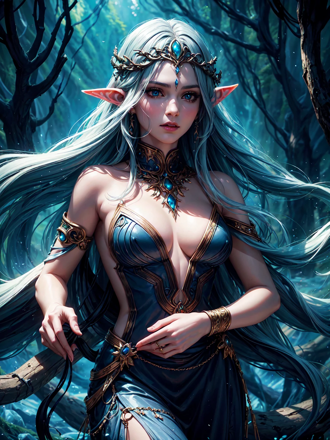 a majestic elven royalty with obsidian skin, detailed facial features, exquisite jewelry, flowing hair, elegant pose, fantasy landscape background, dramatic lighting, cinematic composition, hyper realistic, 8k, photorealistic