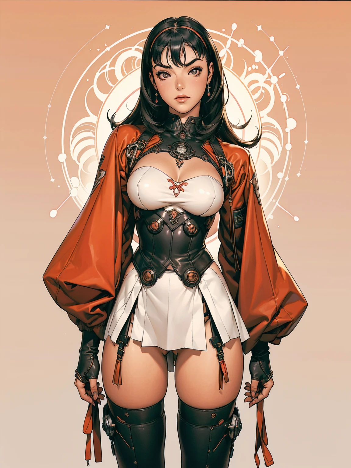 (((Bettie Page))), (((best qualityer: 1.4))), (Unbeatable masterpiece), (hiper HD),(CG 8k hyper-realistic), (((breasts big))), (((hyper feminine))), sexly girl, black tattoo,(dark colored hair with short bangs)), ((( cos))), (((1 Kizi))), Kizi tatuada de 25 anos com cos perfeito,,Beautiful and well-groomed face,muscular cos:1.2,solid color detailed jacket, (Head to thigh photos), Complex equipment, green dark,long pants,Tight clothes are dark,With white stars and off-white stripes,,,,,Armor Metal Electronic Parts, Poison tattoos ) INFO, Kizi, (((standing alone))), pirralha violent, ((())), sexly, pose de atitude, work of art, post-apocalypse, (((manga style))), bounty hunter, violent, Manic, the way you want, cos esguio, thin but strong, cos perfeito, roupa moderna, advanced technology, Pleated mini skirt with checkered pattern in red and black, fur collar jacket, sleeves with vertical striped pattern, neutral background, (( cowboy shot )). intricate visual