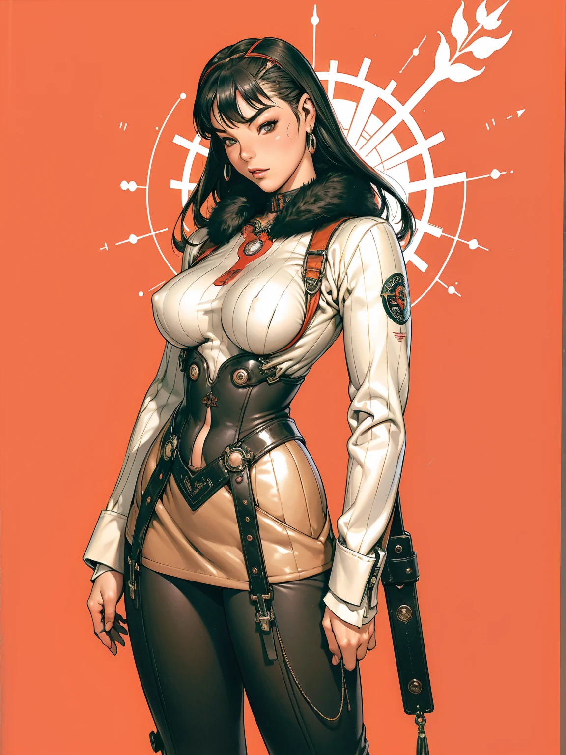 (((Bettie Page))), (((best qualityer: 1.4))), (Unbeatable masterpiece), (hiper HD),(CG 8k hyper-realistic), (((breasts big))), (((hyper feminine))), sexly girl, black tattoo,（dark colored hair with short bangs)), ((( cos))), (((1 Kizi))), Kizi tatuada de 25 anos com cos perfeito,,Beautiful and well-groomed face,muscular cos:1.2,solid color detailed jacket, (Head to thigh photos)， Complex equipment, green dark，long pants，Tight clothes are dark，With white stars and off-white stripes,,,,,Armor Metal Electronic Parts, Poison tattoos ) INFO, Kizi, (((standing alone))), pirralha violent, (((14歳))), sexly, pose de atitude, work of art, post-apocalypse, (((manga style))), bounty hunter, violent, Manic, the way you want, cos esguio, thin but strong, cos perfeito, roupa moderna, advanced technology, Pleated mini skirt with checkered pattern in red and black, fur collar jacket, sleeves with vertical striped pattern, neutral background, (( cowboy shot )). intricate visual