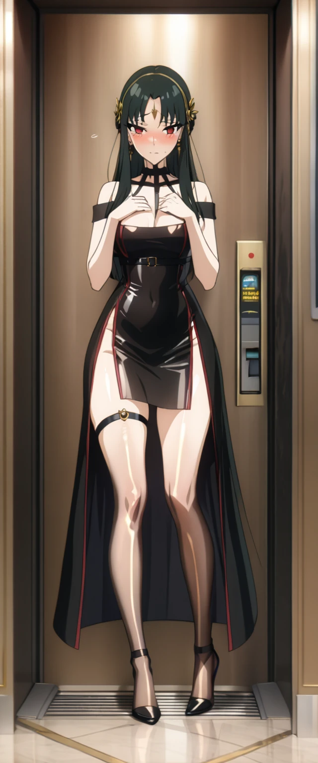 Anime female character, (masterpiece), (highest quality), (extreme quality), (super high), yorbriar, yorbriar, 1girl, standing in the elevator, the elevator door is open, the camera is facing the character outside the elevator, look at the camera, Black garter stockings, sexy, standing posture, legs apart, sensual, translucent stockings, feet, sexy movements, thigh lines, thigh flesh, charming, shy expression, long black hair, straight hair, bangs covering part of the forehead, red Eyes, soft gaze, soft expression, shy, tight black dress, high slit dress, suspender design, shiny fabric, revealing, golden hairpin, black fingerless gloves, simple necklace, thigh strap, dagger or dagger, Hands holding dagger, metallic shine