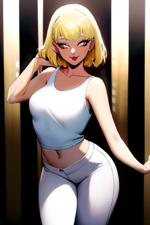 ((look seductive)), ((smile seductive)), (seductive pose), BEAUTIFUL, 18-year-old, ((blonde hair)), polish girl, perfect lips, perfect nose, perfect ears, perfect hands, ((whole body shot)), big , big ass, , skinny girl, makeup on eyes, makeup on lips, eyeliner, very excited, ((SHIRT)), ((WHITE jeans)),