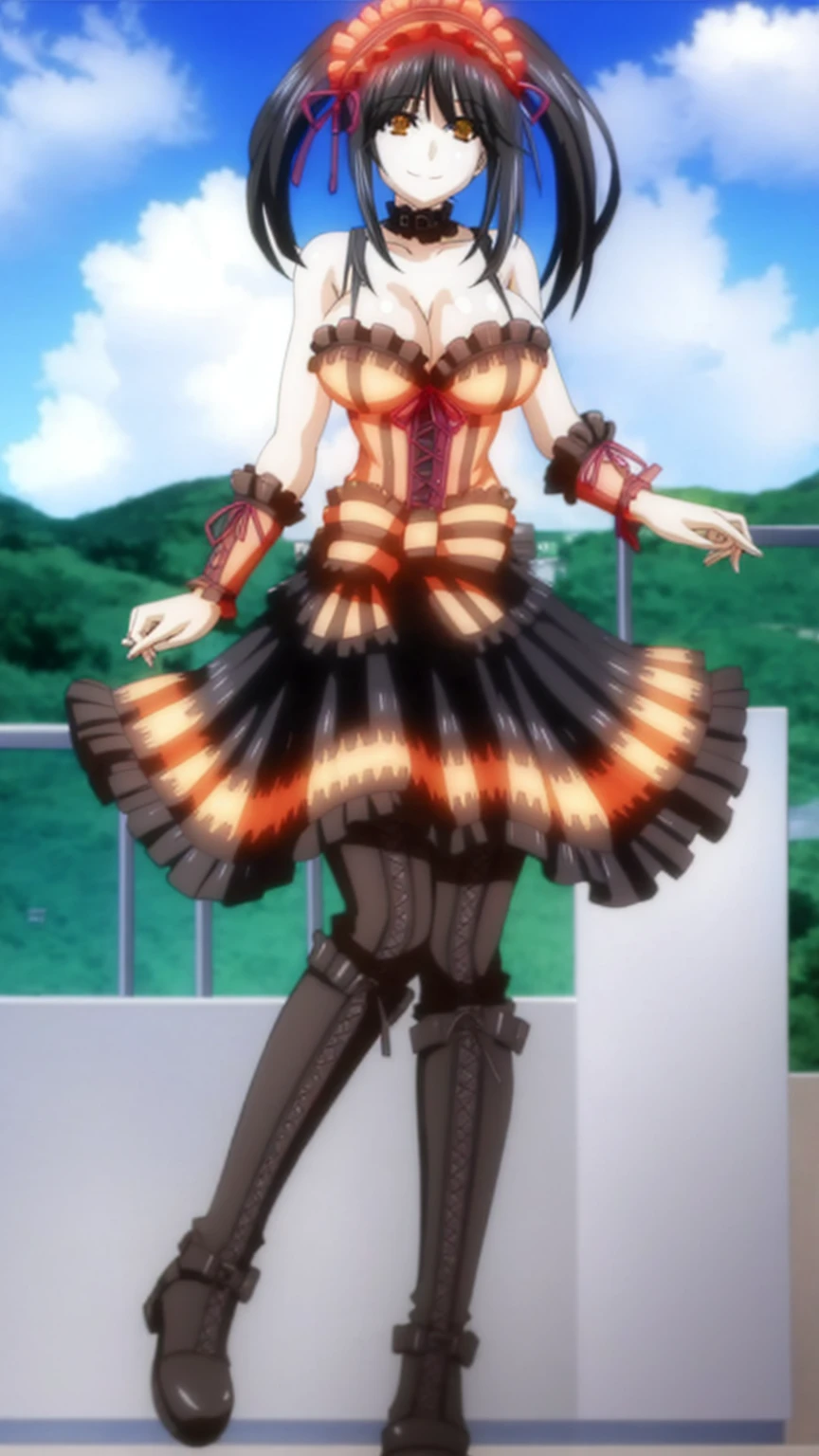 1 girl, very big breasts, very sexy body, 1 girl in, a smile, looks at the viewer, black shirt, super short white school miniskirt, full body, giant breasts, cleavage, giant breasts, heels, background in the mountains 1 girl , with big breasts. long legs QUEEN huge tits, (cleavage), high legs, (standing), sexy and muscular body. short skirt.4k hd