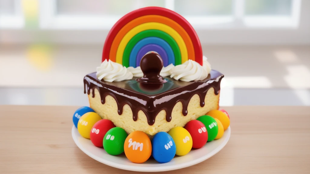 in the kitchen, in the fridge, on a white porcelain plate, a white square cream cake, colorful m&m's dragees around the cake, drops of chocolate ganache on the cake, cream clouds, a rainbow made of polymer clay, window light, bright lights, soft light, window light, professional lighting, light from the window, neat light, realistic texture, realistic style, detailed texture, high quality, high resolution, high quality rendering, realistic photo, brightning light, macro photo